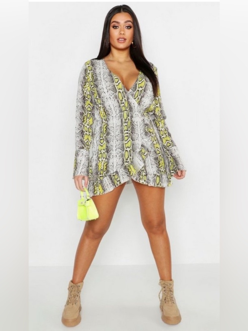 Boohoo Snake Print Ruffle Wrap Mini Dress. Size 18. Great condition!
